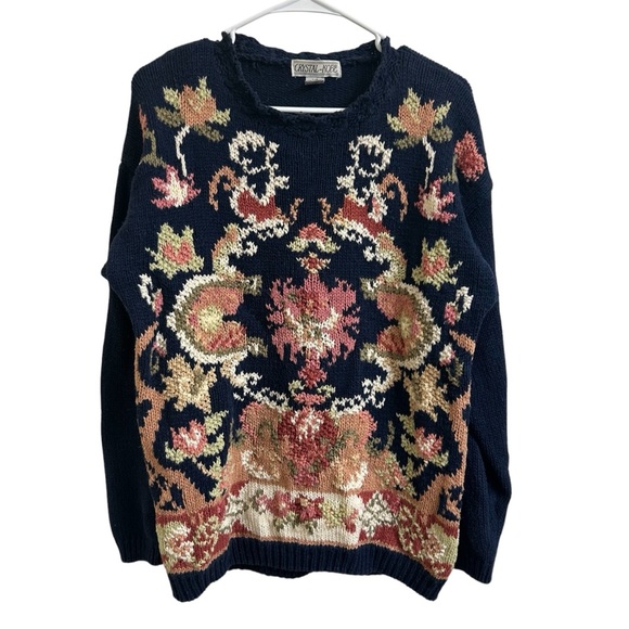 Crystal Kobe Sweaters - Crystal Kobe Vintage Sweater Womens Size L Navy Blue Floral Knit Top Grandmacore